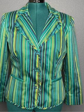 Maggy London Striped Blazer Green Yellow Tailored Jacket Statement Piece Size 12